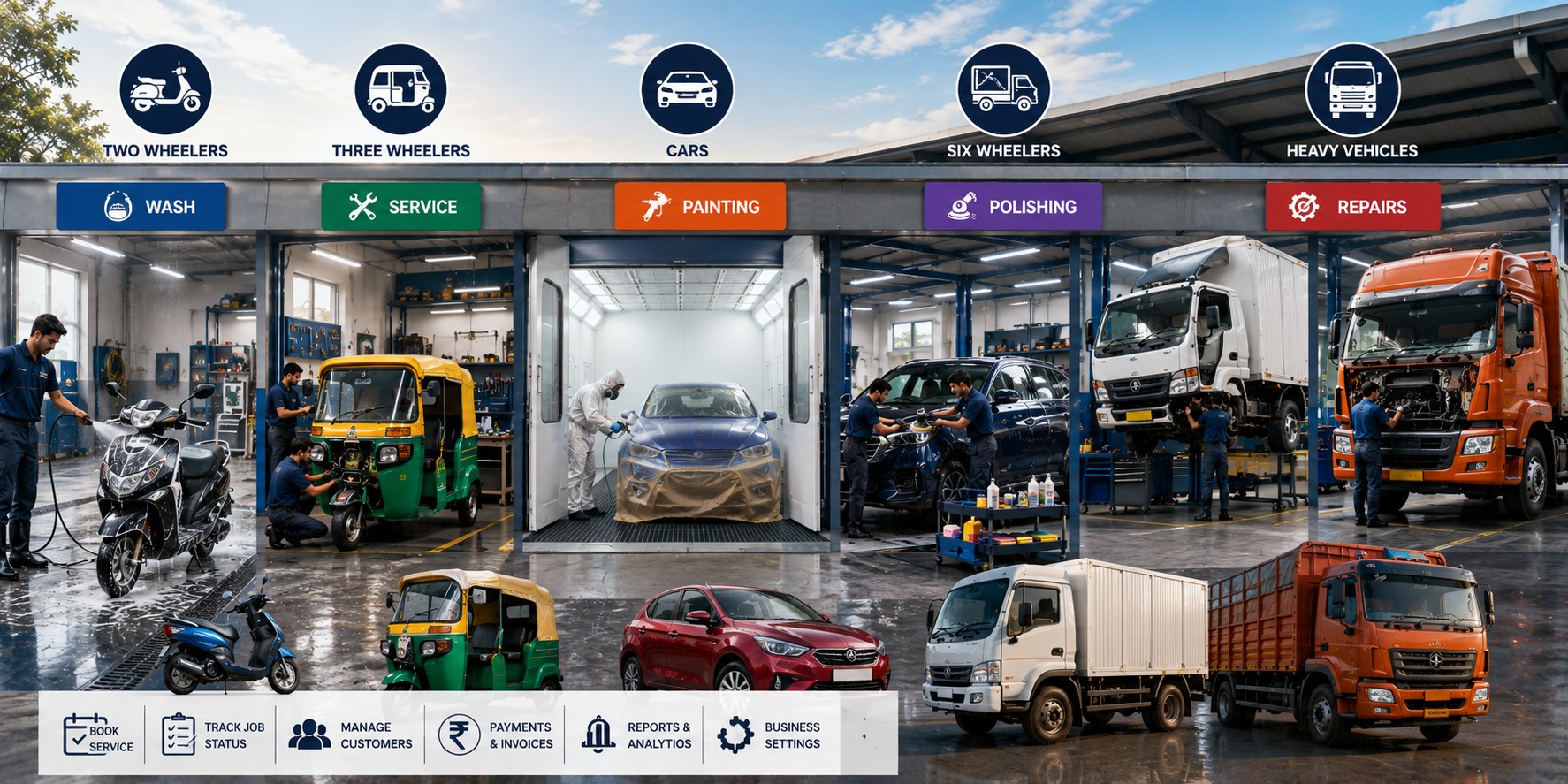 ShineMitra supports two-wheelers, three-wheelers, cars, six-wheelers, and heavy vehicles across wash, service, painting, polishing, and repair bays